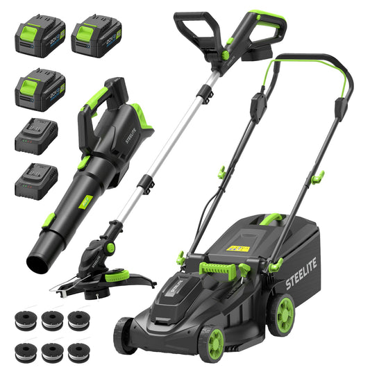 STEELITE 40V(2x20V) 17-inch Electric Lawn Mower, 12-Inch Cordless String Trimmer and 500CFM Leaf Blower Combo, Cordless Lawn Mower Set with 3x4.0Ah Batteries and Dual Chargers