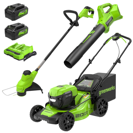 Greenworks 48V (24V x 2) 20" Brushless Cordless Lawn Mower + 12" String Trimmer + 320 CFM Leaf Blower Combo Kit with (2) 4.0Ah Batteries & Dual Port Fast Charger