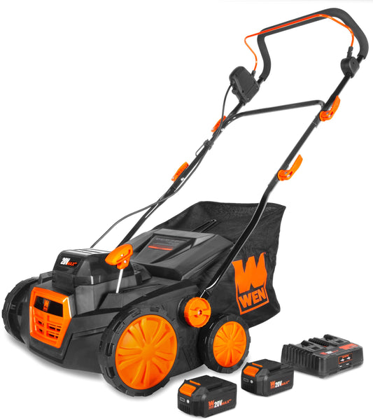 Wen 20V Max Cordless 15-Inch 2-in-1 Brushless Electric Dethatcher and Scarifier with Collection Bag, Two 4.0 Ah Batteries, and Dual-Port Charger (20716)
